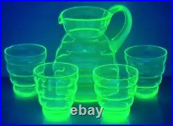 Art Déco Set Verre Carafe / Cruche + 4 Coupe Verre D'Uranium Um 1920 O768