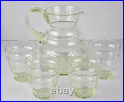 Art Déco Set Verre Carafe / Cruche + 4 Coupe Verre D'Uranium Um 1920 O768