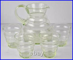 Art Déco Set Verre Carafe / Cruche + 4 Coupe Verre D'Uranium Um 1920 O768