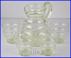 Art Déco Set Verre Carafe / Cruche + 4 Coupe Verre D'Uranium Um 1920 O768