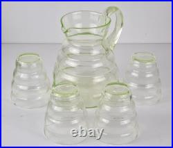 Art Déco Set Verre Carafe / Cruche + 4 Coupe Verre D'Uranium Um 1920 O768
