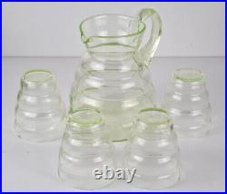 Art Déco Set Verre Carafe / Cruche + 4 Coupe Verre D'Uranium Um 1920 O768