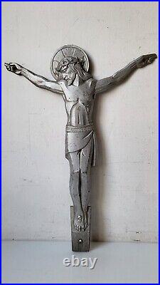 Art deco grand christ Signé Numéroté MARMORA bronze aluminium Jesus croix