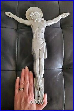 Art deco grand christ Signé Numéroté MARMORA bronze aluminium Jesus croix