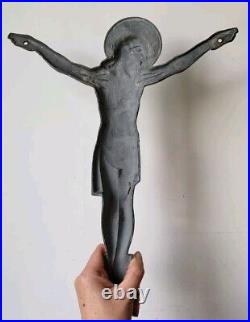 Art deco grand christ Signé Numéroté MARMORA bronze aluminium Jesus croix