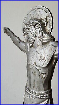 Art deco grand christ Signé Numéroté MARMORA bronze aluminium Jesus croix