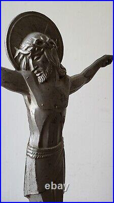 Art deco grand christ Signé Numéroté MARMORA bronze aluminium Jesus croix