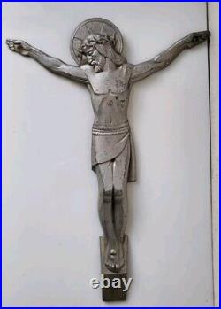 Art deco grand christ Signé Numéroté MARMORA bronze aluminium Jesus croix