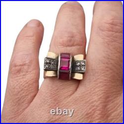 Bague vintage Art déco années 40 en argent et vue en or, rubis synthétique en Bague vintage Art déco années 40 en argent et vue en or, rubis synthétique en