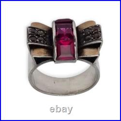 Bague vintage Art déco années 40 en argent et vue en or, rubis synthétique en Bague vintage Art déco années 40 en argent et vue en or, rubis synthétique en