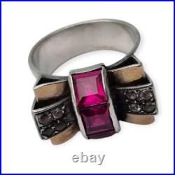 Bague vintage Art déco années 40 en argent et vue en or, rubis synthétique en Bague vintage Art déco années 40 en argent et vue en or, rubis synthétique en
