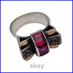 Bague vintage Art déco années 40 en argent et vue en or, rubis synthétique en Bague vintage Art déco années 40 en argent et vue en or, rubis synthétique en