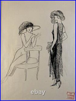 Beau Dessin Encre Art Deco 1945 Sur Papier Femme Collection Lily Greenham Mode