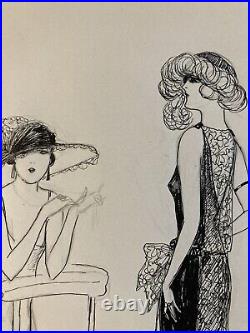 Beau Dessin Encre Art Deco 1945 Sur Papier Femme Collection Lily Greenham Mode