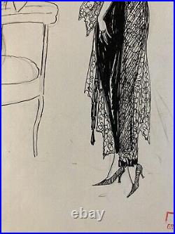 Beau Dessin Encre Art Deco 1945 Sur Papier Femme Collection Lily Greenham Mode