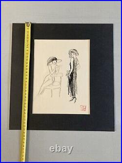 Beau Dessin Encre Art Deco 1945 Sur Papier Femme Collection Lily Greenham Mode