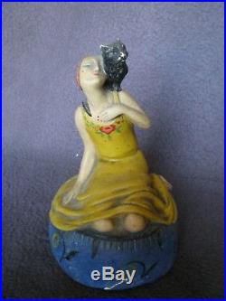 Boite a Poudre Terre de Retz Femme chat art deco antique powder box statue woman