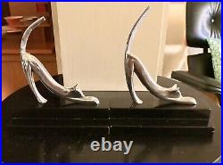 Bookendes Statue Chat Vintage Art Deco Chrome Sur Base À Pas Noir