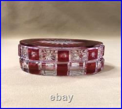 CRISTALLERIES DE NANCY rare boite à poudre ART DECO cristal taillé doublé rouge
