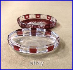 CRISTALLERIES DE NANCY rare boite à poudre ART DECO cristal taillé doublé rouge