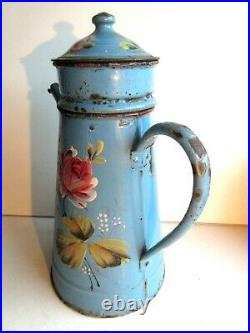 Cafetière 1920 Art Déco, tôle émaillée bleue de belle roses avec feuillage