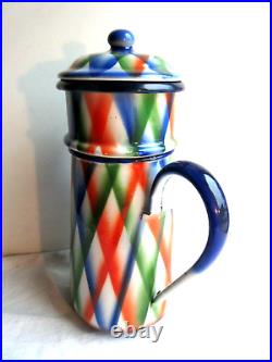 Cafetière Art Déco, parfait état, tôle émaillée multicolore signée DUCO