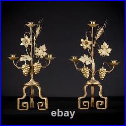 Candélabres Paire Deux Bronze Et Laiton Antique Art Déco Autel Vases 50cm