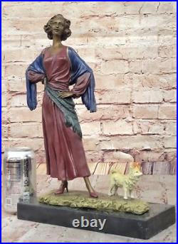 Classique Bronze Femme Avec Chiot Statue par J. Erte Art Déco Collection Artwor