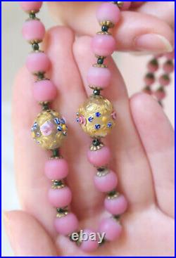 Collier perles de verre rose satiné vénitien vintage art déco or rose