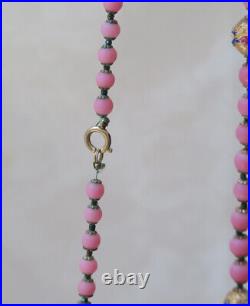 Collier perles de verre rose satiné vénitien vintage art déco or rose