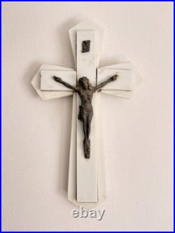 Crucifix Christ en Croix Marbre Blanc Art Déco Géométrique 1930