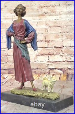 De Collection J. Erte Art Déco Bronze Statue Femme Avec Chien Domestique Solde
