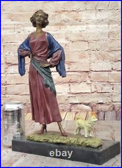 De Collection J. Erte Art Déco Bronze Statue Femme Avec Chien Domestique Solde