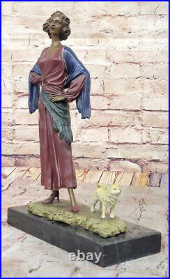 De Collection J. Erte Art Déco Bronze Statue Femme Avec Chien Domestique Solde