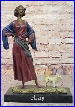 De Collection J. Erte Art Déco Bronze Statue Femme Avec Chien Domestique Solde