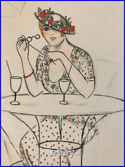 Dessin Peinture Encre Art Deco 1945 Sur Papier Femme Collection Lily Greenham