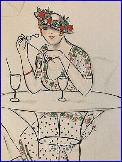 Dessin Peinture Encre Art Deco 1945 Sur Papier Femme Collection Lily Greenham