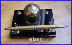 Encrier Art Déco avec couvercle coulissant en laiton, porte-plume (sans plume)