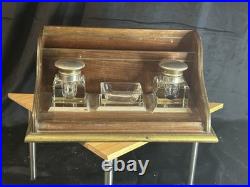 Encrier Art Déco bois et verre double encriers 34 cm ancien bureau