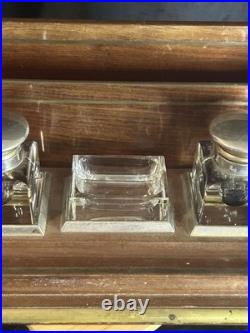 Encrier Art Déco bois et verre double encriers 34 cm ancien bureau