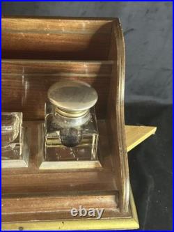 Encrier Art Déco bois et verre double encriers 34 cm ancien bureau