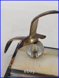 Encrier Art Déco en marbre et bronze Mouette sur boule verre 1930