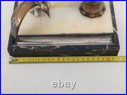 Encrier Art Déco en marbre et bronze Mouette sur boule verre 1930