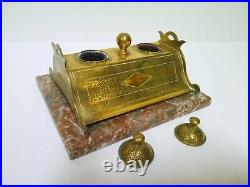 Encrier Double Bronze Et Laiton Socle Marbre Art Deco