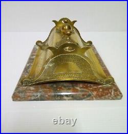 Encrier Double Bronze Et Laiton Socle Marbre Art Deco