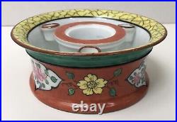 Encrier Rond Ancien Art Déco Porcelaine Aladin 3 plumes Fleurs Oiseaux Rouge