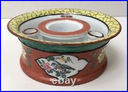 Encrier Rond Ancien Art Déco Porcelaine Aladin 3 plumes Fleurs Oiseaux Rouge