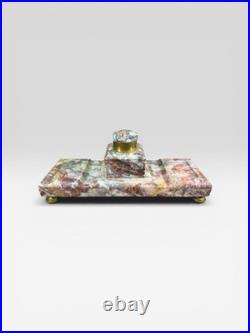 Encrier ancien marbre rouge veiné & laiton Style Art Déco 29 cm