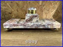 Encrier ancien marbre rouge veiné & laiton Style Art Déco 29 cm