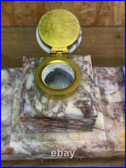 Encrier ancien marbre rouge veiné & laiton Style Art Déco 29 cm